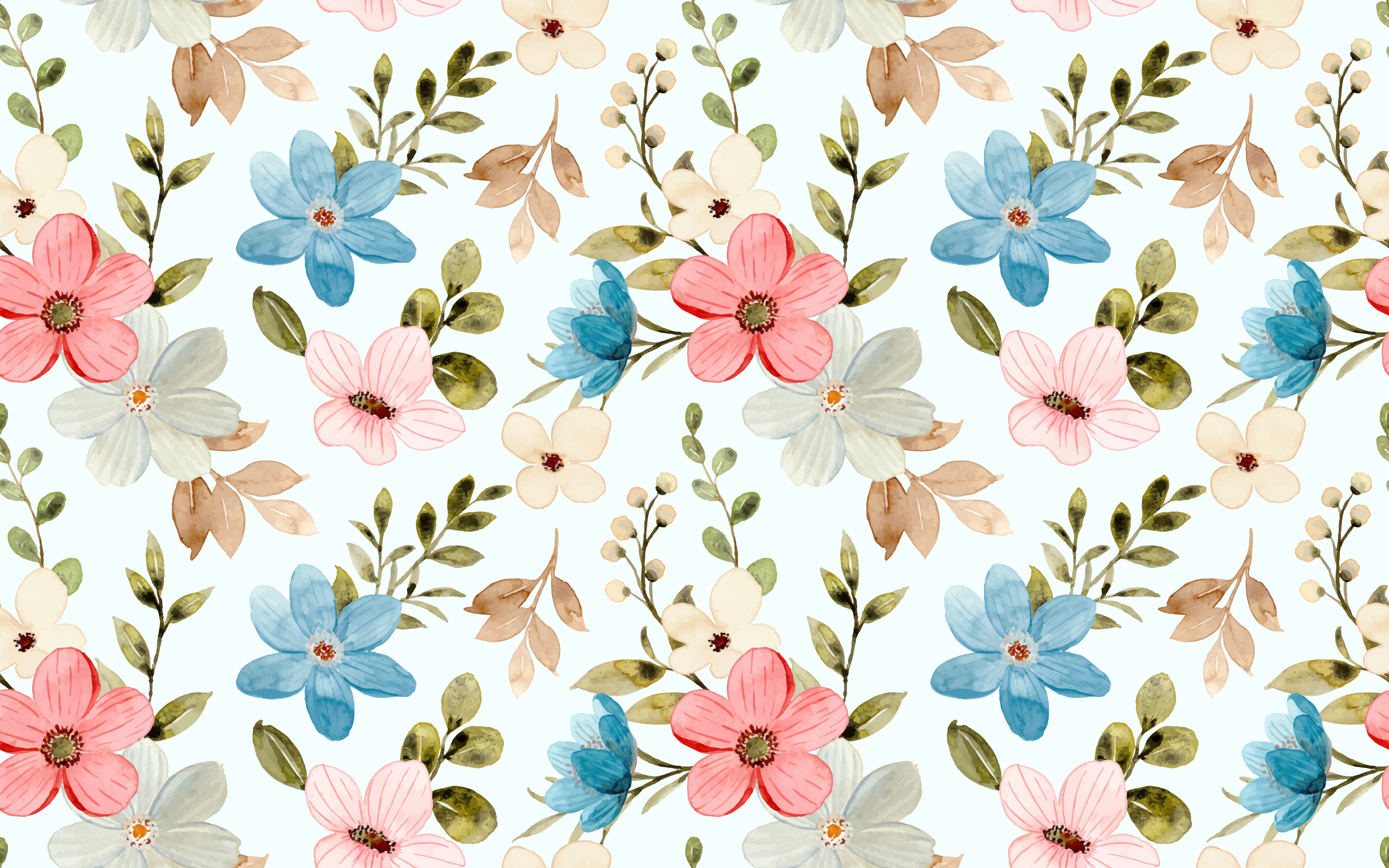 Seamless pattern of colorful watercolor wildflowers