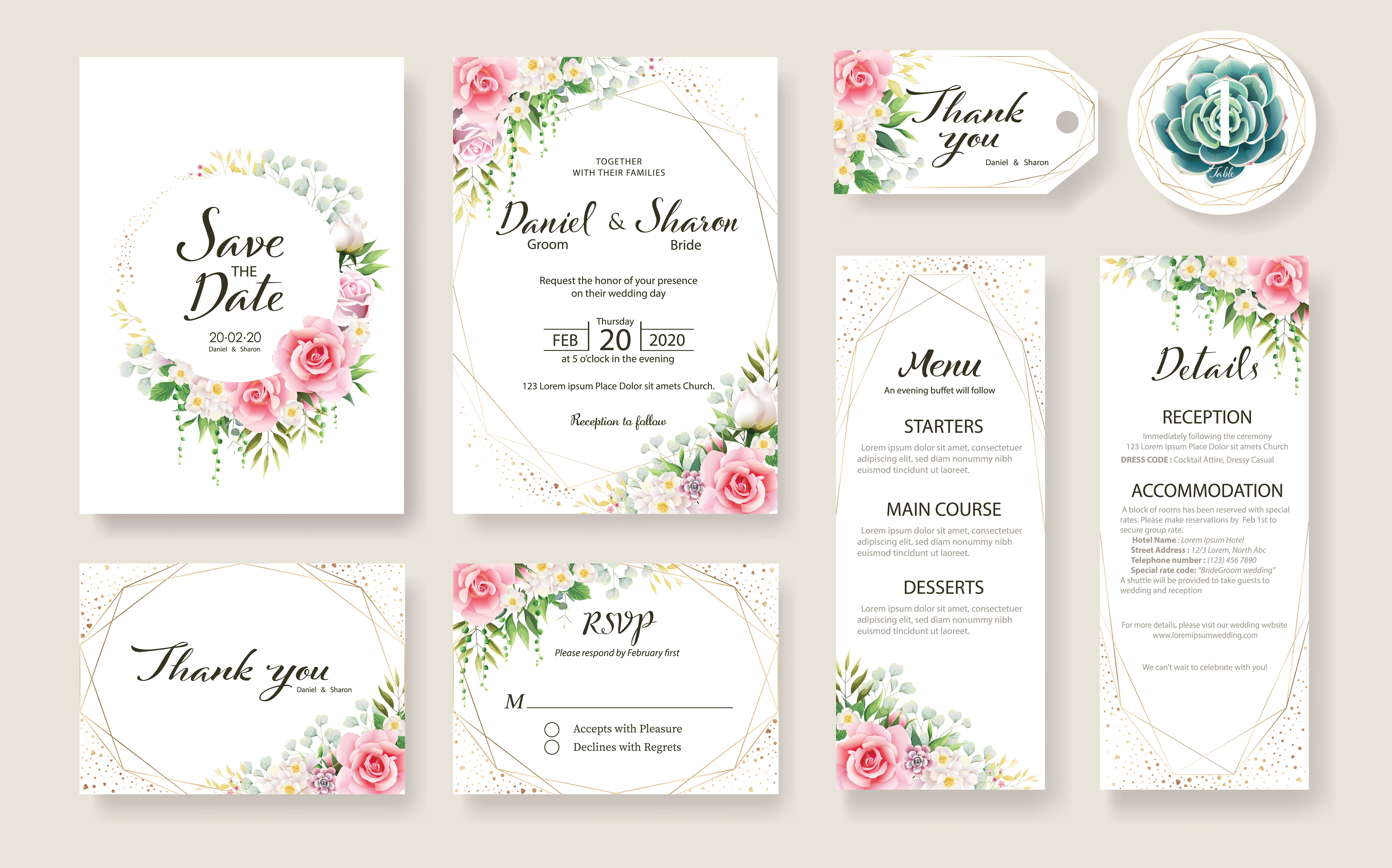 Set of Floral Wedding Invitation Card Template