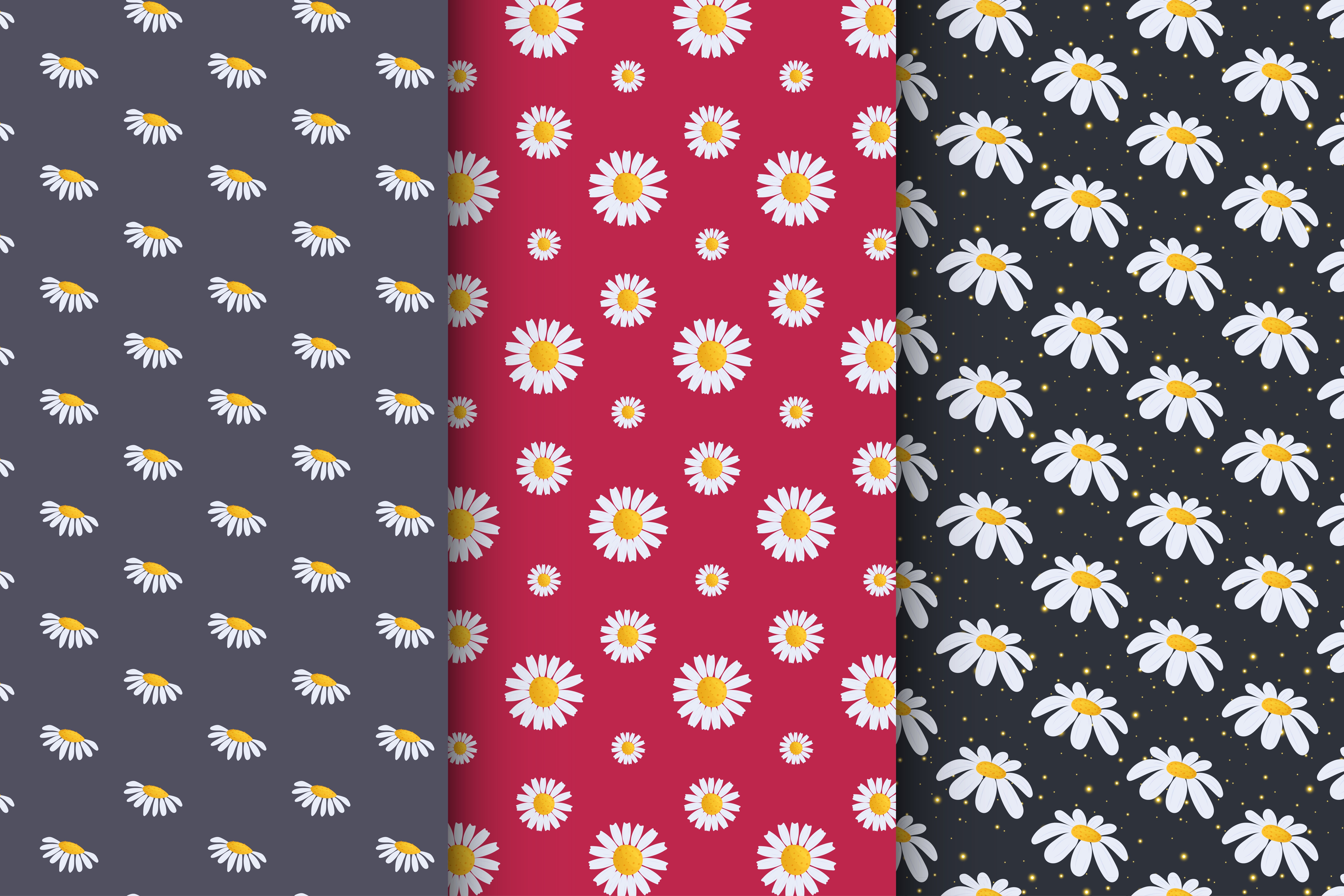 Collection of patterns with daisies, stylish set of patterns