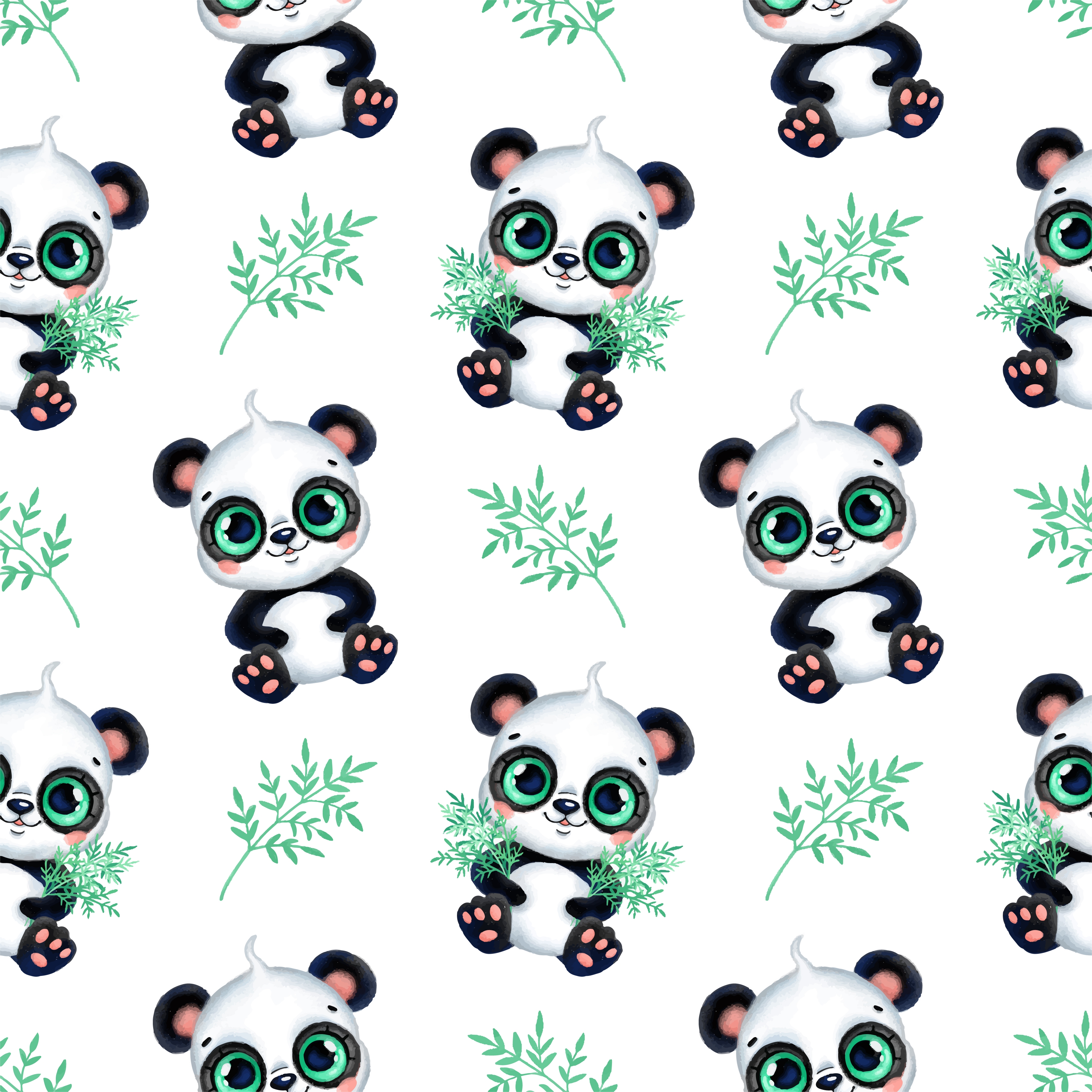Panda and bamboo leaves seamless pattern. cute cartoon tropical animals seamless pattern.