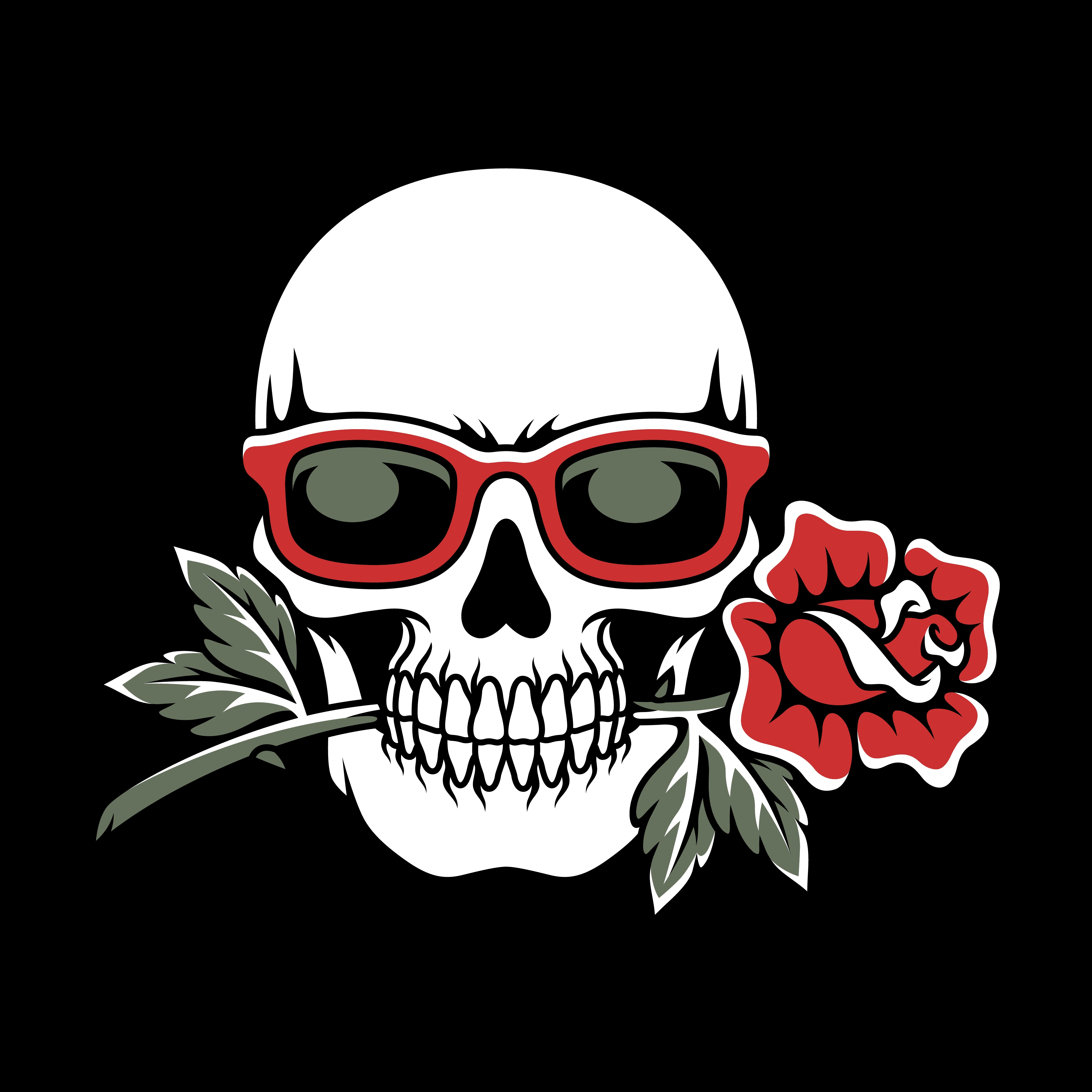 Skull Wearing Glasses Biting Rose