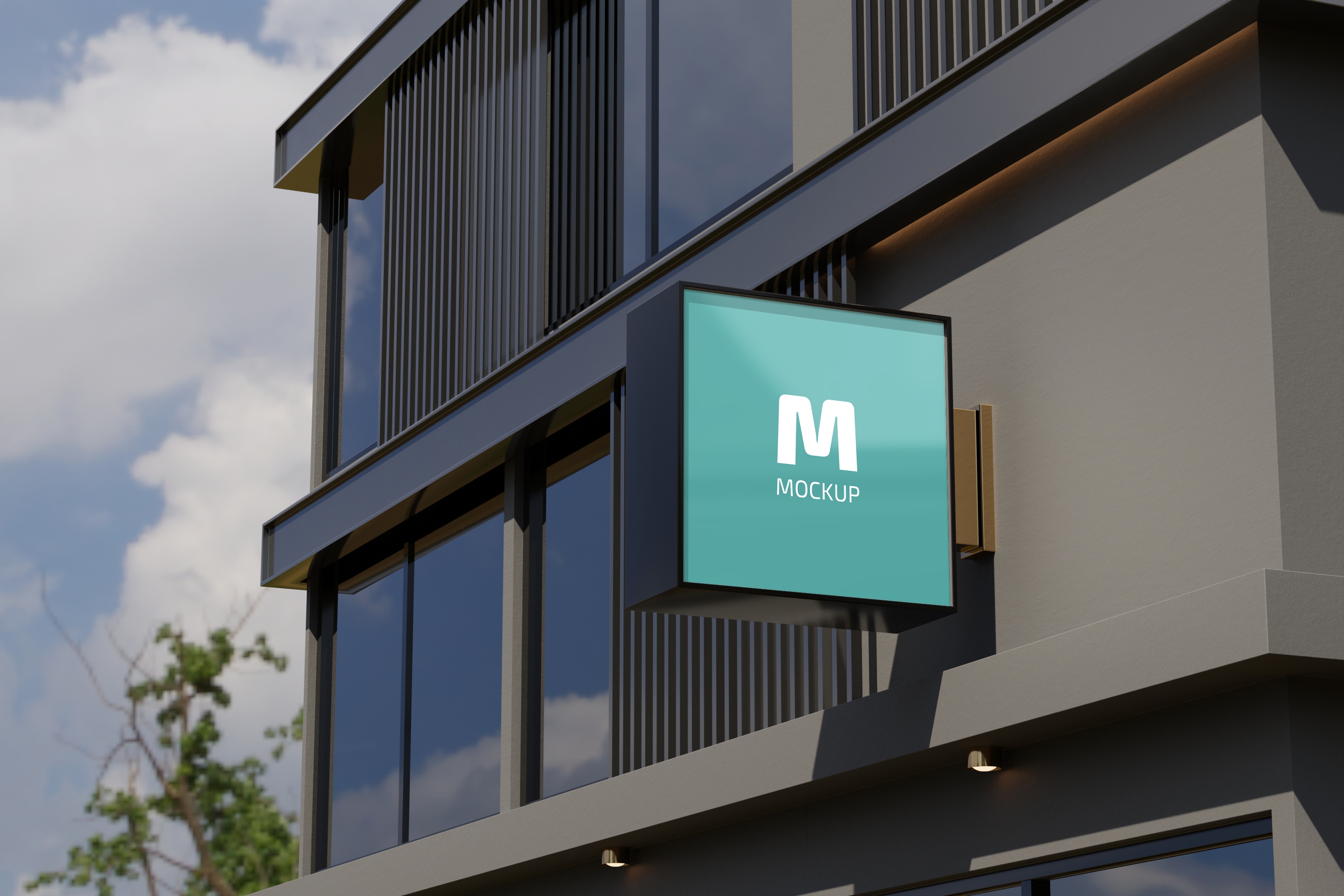 Logo sign mockup rectangle signage box on facade of office store building