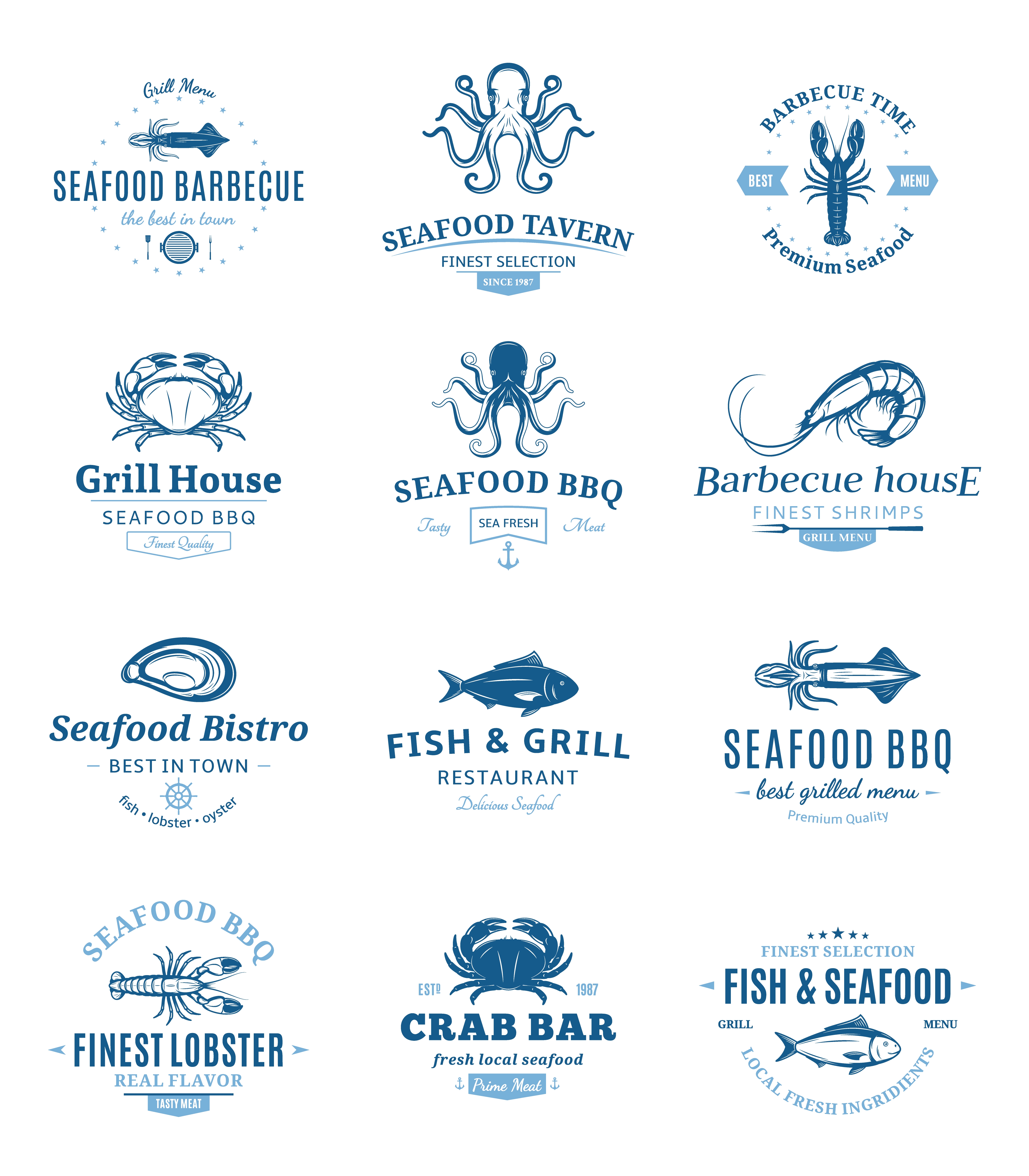 Seafood Barbecue Emblems Set