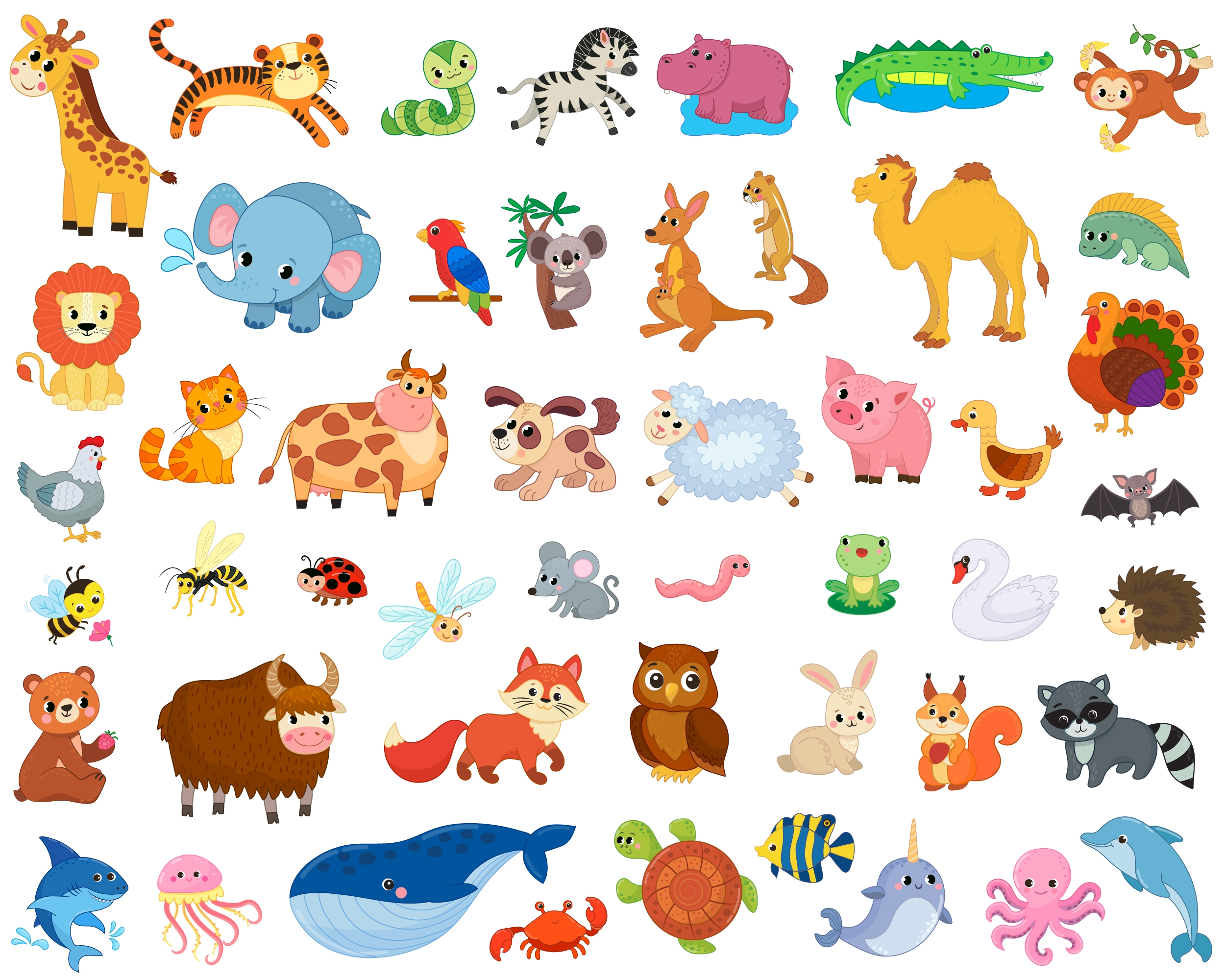 Big set of african forest domestic and sea animals