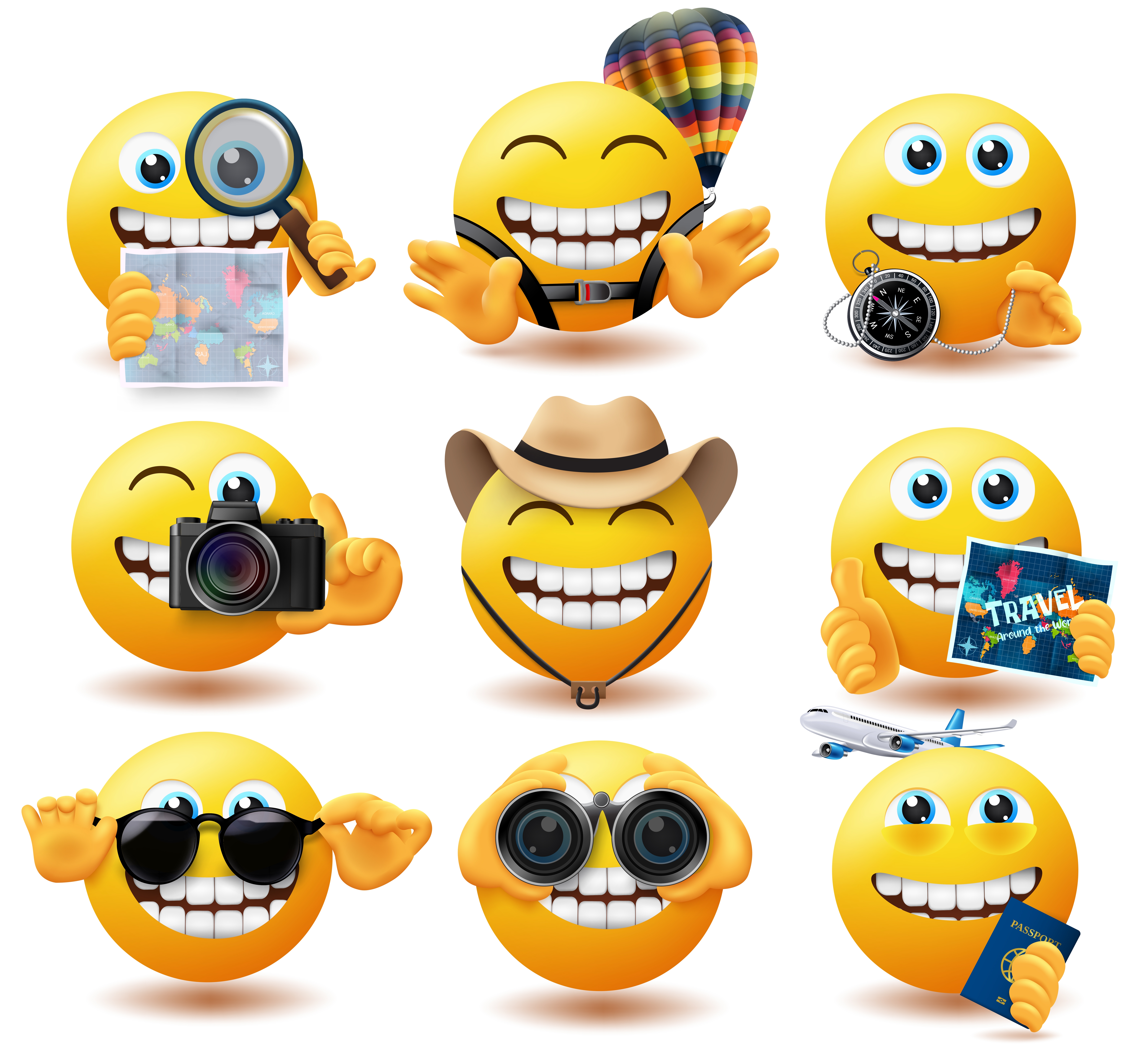 Emoji travel emoticons vector set