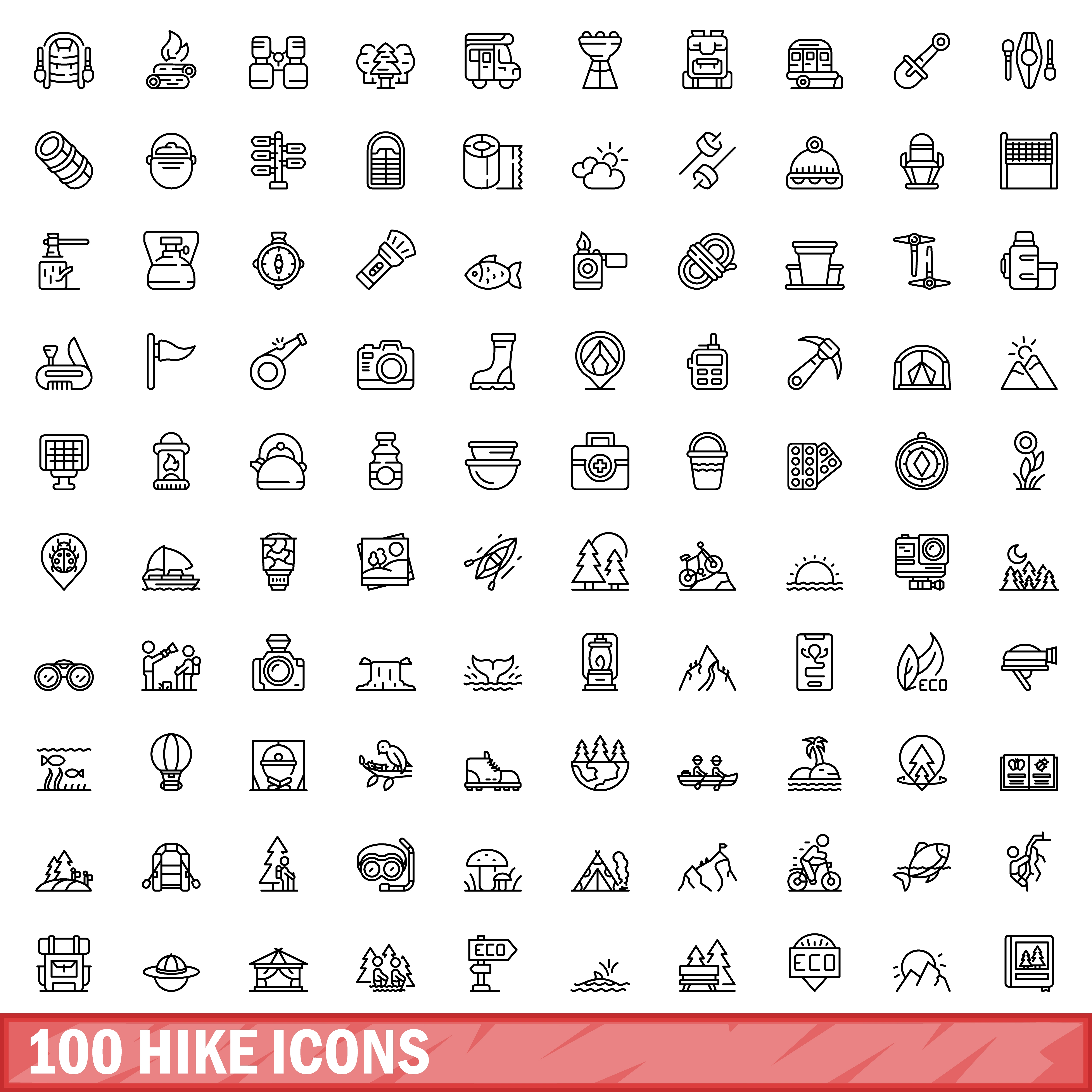 100 hike icons set outline style